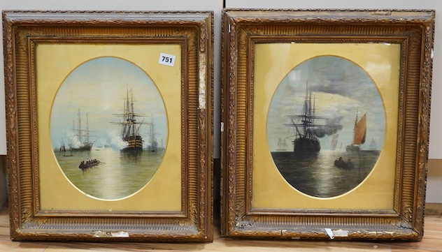 Victorian School, maritime interest, Men O'war scenes, unsigned, pair of oval oils, 30 x 23cm, ornate gilt frames